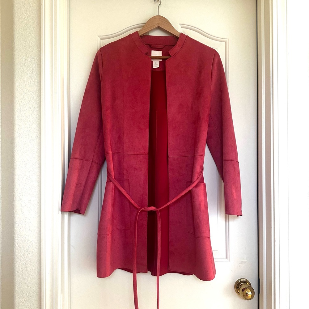 New H&M Raspberry Red Faux Suede Trench Coat